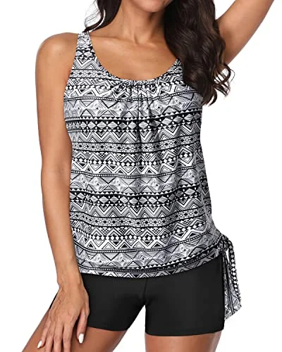 Women's Sheer - Paneled Swim Tops in Blue for a Flirty and Alluring Poolside LookWomen's 2 Piece Blouson Tankini Swimsuit Shorts For Tummy Control-Black Tribal