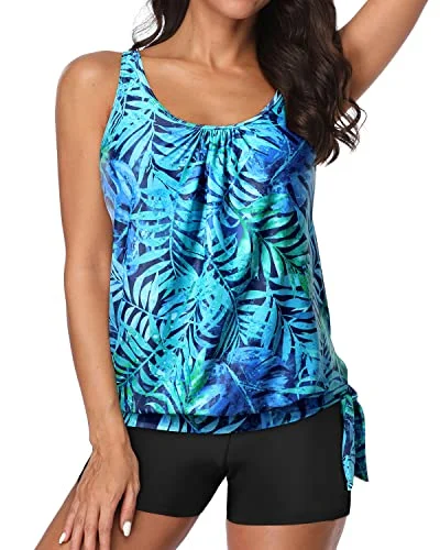 Plus Size Women's Longline Swim Tops in Navy with Striped Pattern for a Nautical StyleBoyleg Bottoms Padded Bra Tankini Bathing Suit For Women-Dark Blue Green Leaves