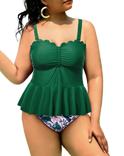 Plus Size Women's Ruffled Bikini Tops in Floral Print for a Feminine Beach LookStylish Plus Size Peplum Swimwear Scalloped Tankini Swimsuits