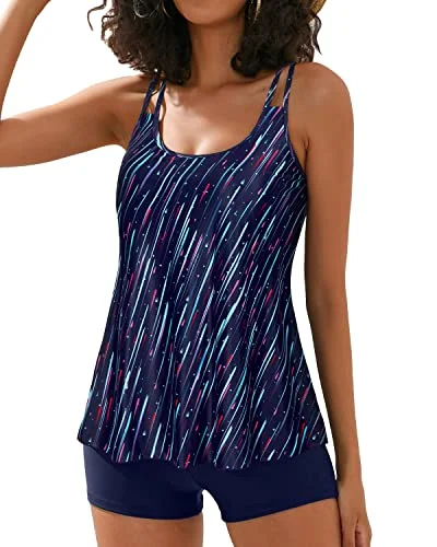 Plus Size Women's Print - Blocked Swim Tops in Multicolor for a Trendy and Fashion - Forward LookFull Coverage Swim Shorts Loose Fit 2 Piece Swimsuit Tankini-Navy Blue