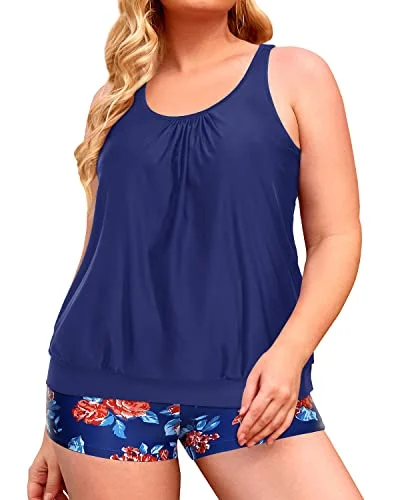 Women's High - Neck Swim Tops in Navy with Zipper for a Sleek and Sporty LookStylish Plus Size Tankini Swimsuits Blouson Tankini Tops with Swim Shorts for Women