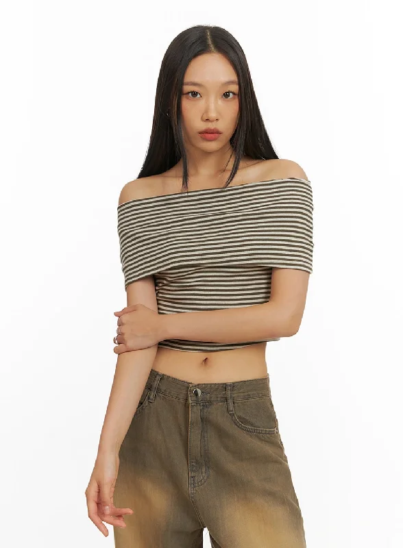 Sleeveless Women's Linen Crop Top in Natural for a Breathable and Casual Summer StyleStriped Off Shoulder Top IY422