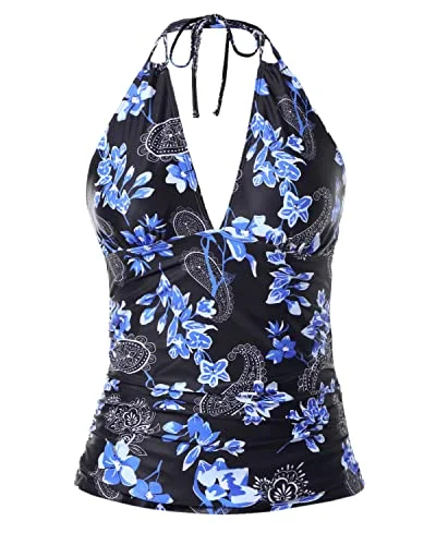 Women's High - Neck Swim Tops in Navy with Zipper for a Sleek and Sporty LookWomen's Tummy Control Halter Tankini Tops V Neck Swim Tops Bathing Suits