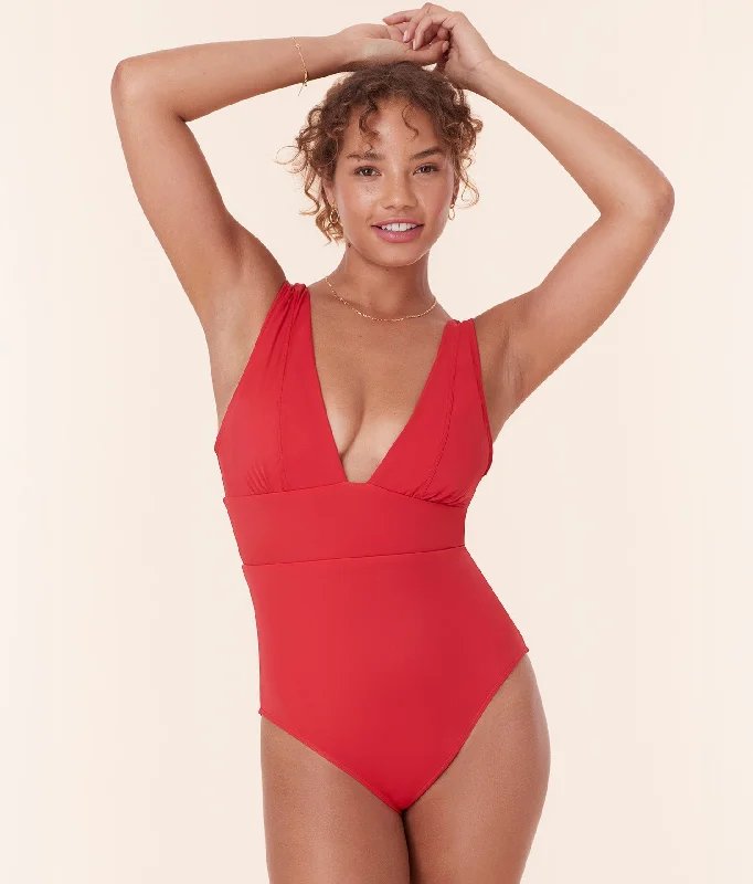 Women's Sheer Paneled One - Pieces in White for a Delicate and Elegant Evening AppearanceThe Mykonos One Piece - Eco Nylon - Cherry Red - Long Torso