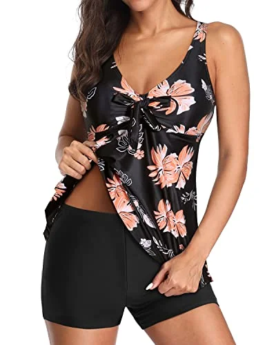 Women's Seersucker - Textured Swim Tops in Light Blue for a Preppy Beach AestheticModest Flowy Tankini Bathing Suits V Neck Swim Tops For Women-Black Orange Floral