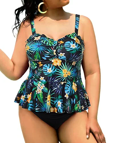 Plus Size Women's Print - Blocked Swim Tops in Multicolor for a Trendy and Fashion - Forward LookScalloped Tankini Swimsuits Plus Size High Waisted Tummy Control Peplum Swimwear