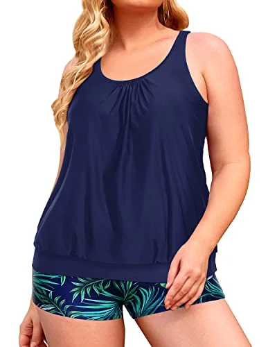 Plus Size Women's Ruched Swim Tops in Green for a Comfortable and Stylish Beach OutfitFlattering Swimwear for Plus Size Women Blouson Tankini Tops with Swim Shorts