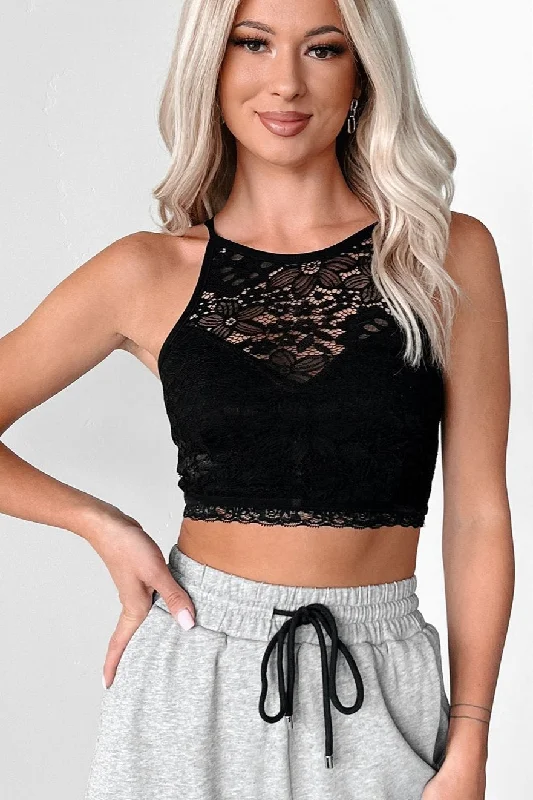 Sports - Style Women's Crop Top in Gray with Moisture - Wicking Fabric for WorkoutsPerfectly Flirtatious Lace Halter Bralette Top (Black)