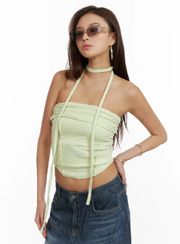 Button - Down Women's Cotton Crop Top in Denim Blue for a Classic and Versatile LookSummer Pastel Tube Top with Thin Scarf Set CY431