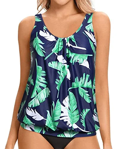 Women's Seersucker - Textured Swim Tops in Light Blue for a Preppy Beach AestheticWomen's Tankini Tops Modest And Flattering Blouson Style-Blue Leaf