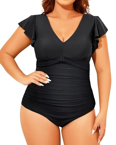 Plus Size Women's Boho - Style One - Pieces in Multicolor with Tassels for a Festival VibePlus Size V-Neck Ruffled One Piece Swimsuit