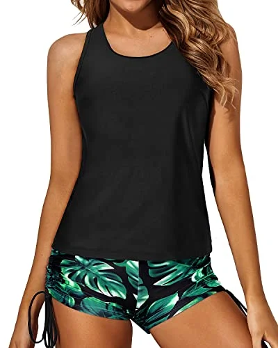 Plus Size Women's Print - Blocked Swim Tops in Multicolor for a Trendy and Fashion - Forward LookWomen's Athletic Swimwear Tank Top Boy Shorts And Bra-Black Leaf