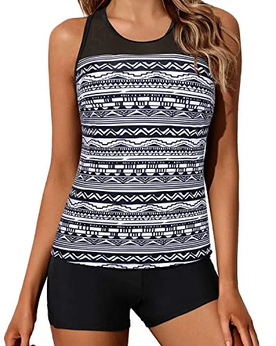 Women's Cut - Out Swim Tops in White with Geometric Shapes for an Edgy Beach StyleSporty Two Piece Bathing Suit Mesh Shoulder Flattering Fit For Women-Black Tribal