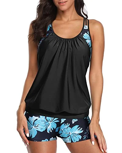 Women's Mesh - Inserted Swim Tops in Black for a Sexy and Modern Beach EnsembleLayered Design Swim Tank Tops Long Swim Shorts For Women-Blue Green Flowers