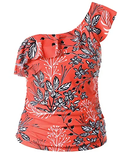 Plus Size Women's Ruffled Bikini Tops in Floral Print for a Feminine Beach LookRuffle One Shoulder Tankini Tops Women's Strapless Swim Tops for Bathing Suits