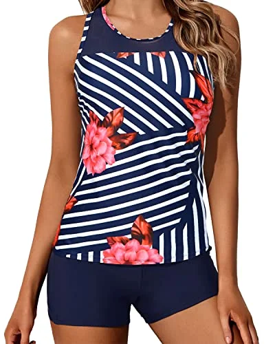 Women's High - Neck Swim Tops in Navy with Zipper for a Sleek and Sporty LookTwo-Piece Racerback Tankini Swimwear Mid-Waist Shorts-Blue Floral