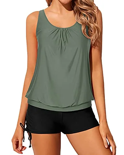 Women's Underwire Push - Up Swim Tops in Black for Enhanced Support and CleavageWomen 2 Piece Bathing Suits Boyshorts Loose Fit Blouson Tankini Swimsuits-Olive Green