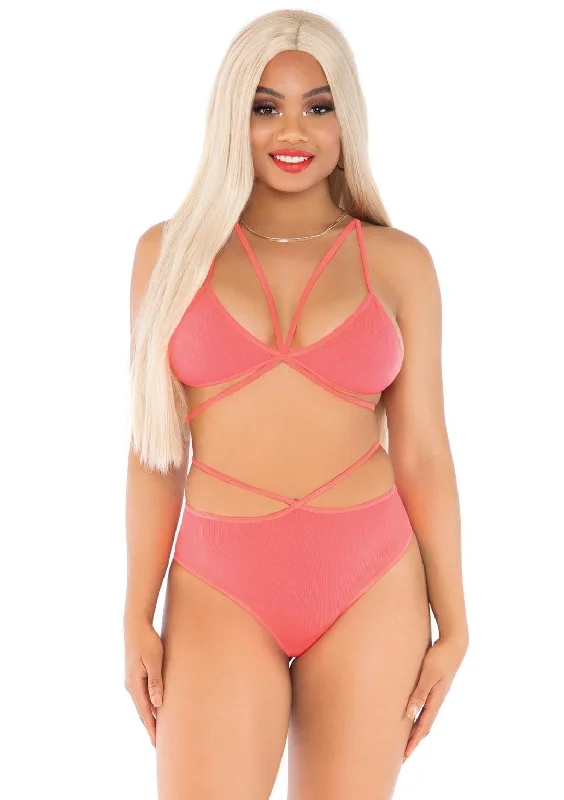 bikini panties for women with a sexy style2 Pc. Cage Strap Bra and Strappy Panty Coral