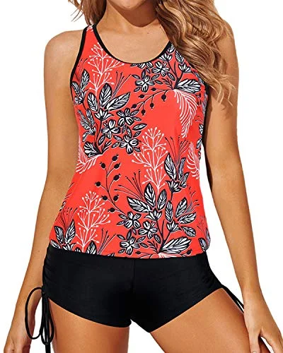 Women's Crochet - Trimmed Swim Tops in White for a Boho - Inspired Beach OutfitWomen's Swimwear Strappy Criss Cross Backless Tankini-Red Floral