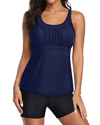 Women's Mesh - Inserted Swim Tops in Black for a Sexy and Modern Beach EnsembleCriss Cross Detail Two Piece Tankini Bathing Suits For Women-Navy Blue