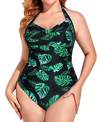 Women's Velvet One - Pieces in Emerald Green for a Luxurious and Sophisticated OccasionWomen's Backless Style Plus Size One Piece Swimsuit-Black And Green Leaf