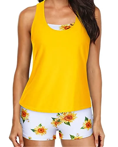 Women's Sheer - Paneled Swim Tops in Blue for a Flirty and Alluring Poolside Look3 Piece Womens Tankini Swimsuits Boyshorts Athletic Bathing Suit-Yellow And Sunflower