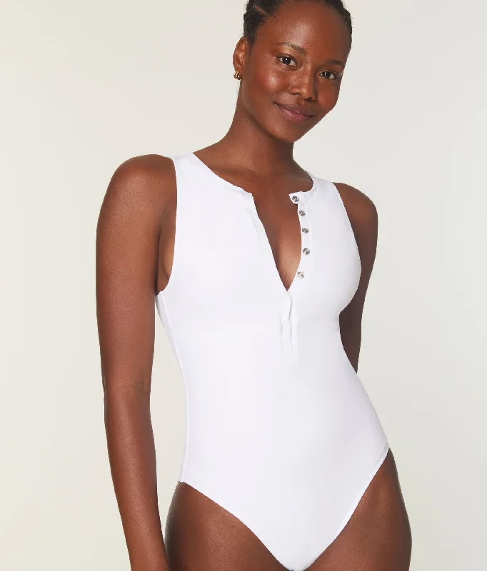 Women's Sheer Paneled One - Pieces in White for a Delicate and Elegant Evening AppearanceThe Malibu One Piece - Eco Nylon - White - Long Torso