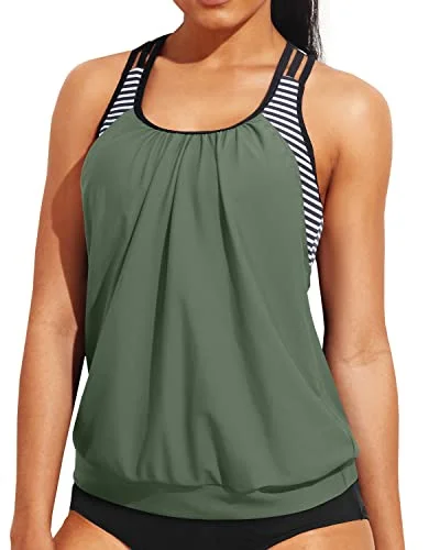 Women's Wireless Sports Swim Tops in Gray for Comfort during Water WorkoutsDouble Layer Tankini Top Only Modest Round Neck Bathing Suit Top-Amry Green