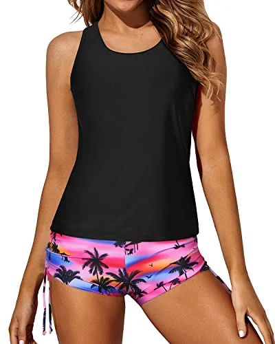 Plus Size Women's Ruffled Bikini Tops in Floral Print for a Feminine Beach Look3 Piece Tankini Swimsuits Boyshorts And Bra Athletic Swimwear For Women-Black Palm Tree