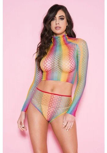 seamless bikini panties for women for a sleek silhouetteLong Sleeve Fishnet Top and High Waisted Panty Rainbow