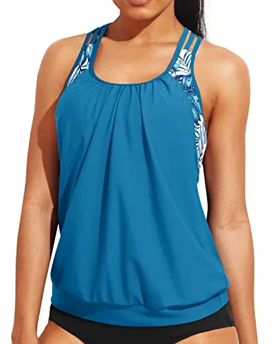 Women's Color - Blocked Swim Tops in Orange and Pink for a Vibrant Summer LookLadies Double Layer Round Neck Tankini Top Sporty Bathing Suit Top-Blue Leaf