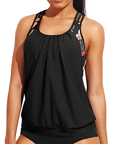 Women's Metallic - Trimmed Swim Tops in Gold for a Glamorous Beach PartyBlouson Tankini Top Only Sporty Bathing Suit Top No Bottoms-Black Floral