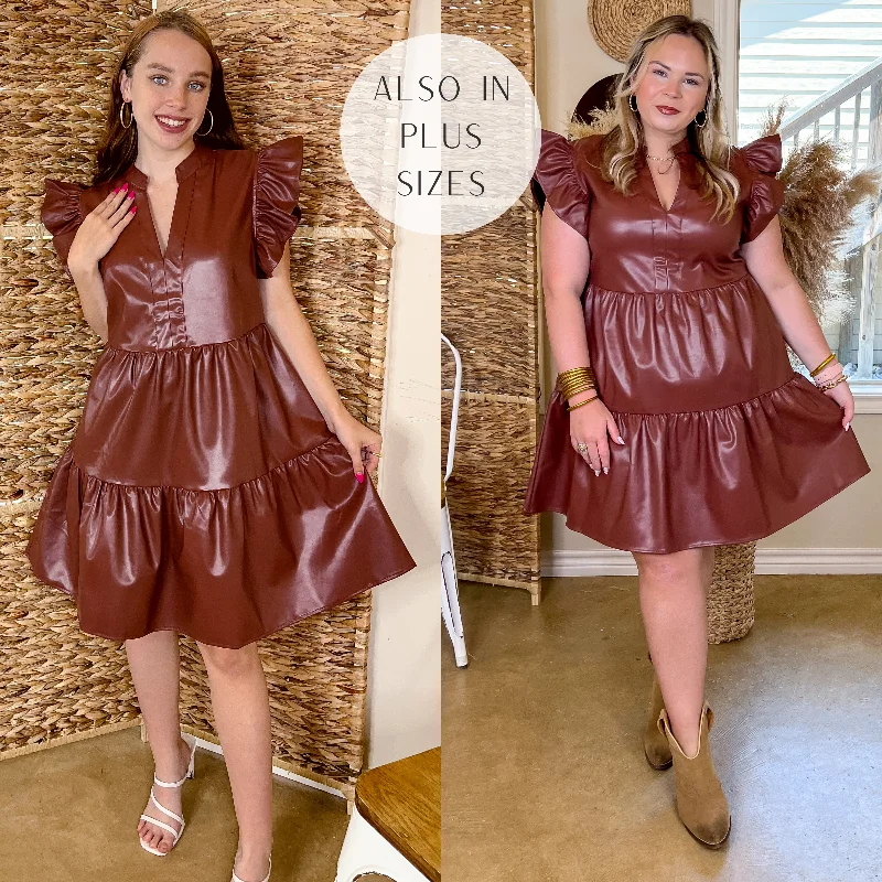 Last Chace Size Small & XL | Magnolia Morning Ruffle Cap Sleeve Faux Leather Short Dress in Brown