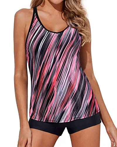 Women's Cut - Out Swim Tops in White with Geometric Shapes for an Edgy Beach StyleComfortable Tankini Swimsuits Mid-Waist Shorts For Women-Pink Stripe