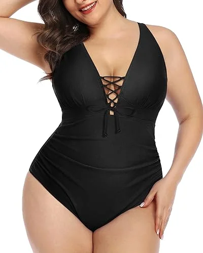 Women's Sleeveless Backless One - Pieces in Black with Cut - Out Details for a Sexy Beach LookPlus Size Plunge V-Neck Lace-Up One Piece Swimsuit