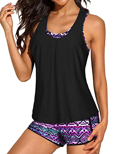 Women's Sheer - Paneled Swim Tops in Blue for a Flirty and Alluring Poolside LookWomen's 3-Piece Athletic Tankini Loose Tank Top And Padded Sports Bra-Black And Tribal Purple