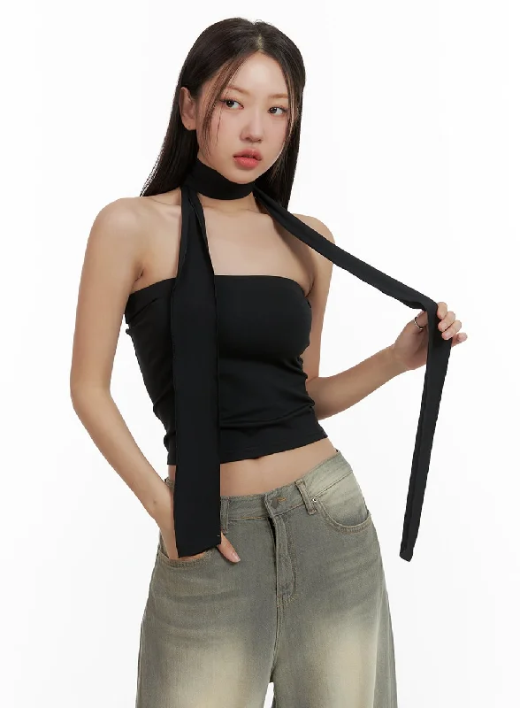 Metallic - Finish Women's Crop Top in Silver for a Futuristic and Eye - Catching LookBasic Tube Top with Scarf CU404