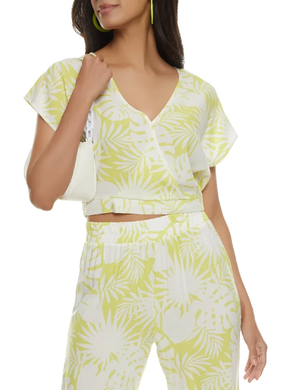 Printed Floral Women's Crop Top in Yellow for a Vibrant and Spring - Inspired OutfitPalm Print Faux Wrap Top