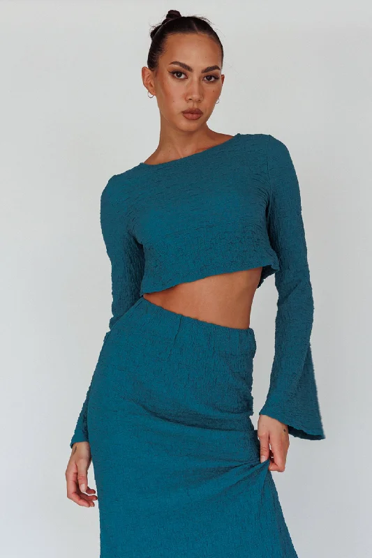 Ribbed Women Long Sleeve Top with a Textured AppealTreasures Flared Cuff Crop Top Teal