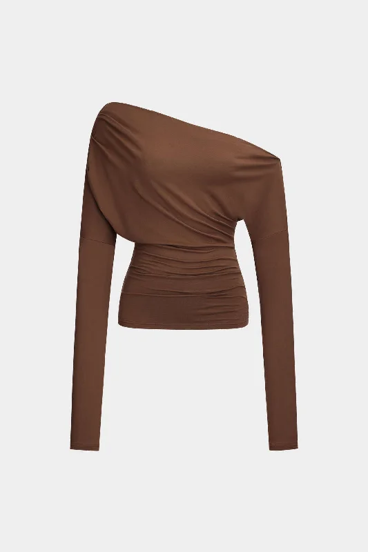 Pocket - Equipped Women Long Sleeve Top for Added FunctionalityAsymmetry Shoulder Ruched Long-Sleeve Top