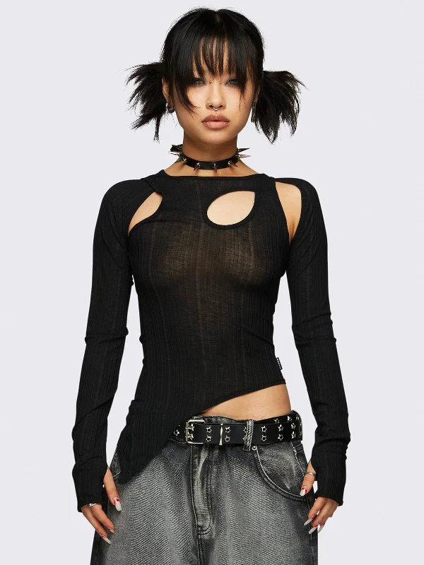 Lace - Trimmed Women Long Sleeve Top for an Elegant LookKallie Black Cut-Out Top