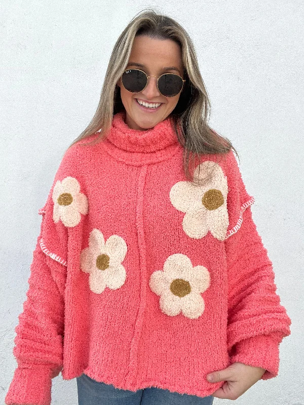 Lightweight Women Long Sleeve Top for Spring and AutumnCoral Floral Turtleneck Sweater