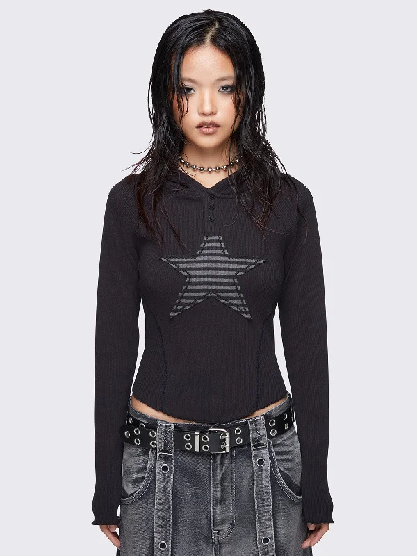 Ribbed Women Long Sleeve Top with a Textured AppealStella Black Hooded Top