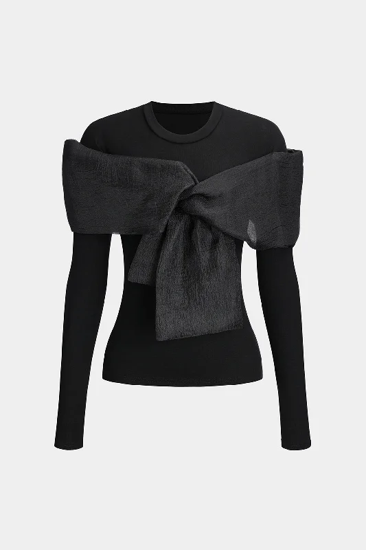 Pocket - Equipped Women Long Sleeve Top for Added FunctionalityBow Round Neck Long-Sleeve Top