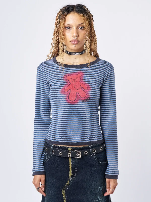 Mock Neck Women Long Sleeve Top for a Modern AestheticBloody Teddy Blue Striped Top