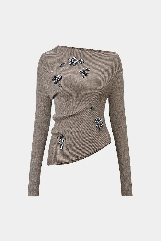 Cropped Women Long Sleeve Top to Pair with High - Waisted Bottoms3D Floral Asymmetrical Shoulder Long-Sleeve Top