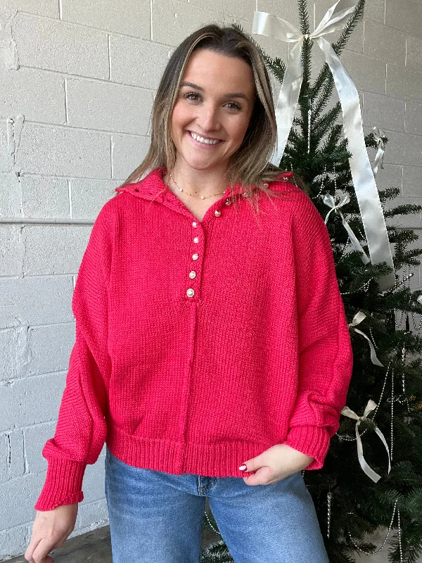 Organic Cotton Women Long Sleeve Top for Eco - Friendly ComfortThe Noel Pearl Sweater - CHERRY RED