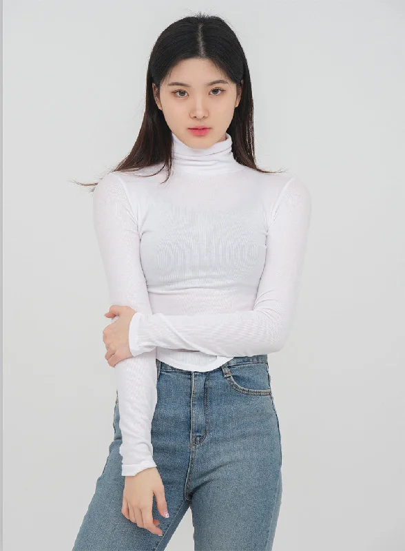 Pocket - Equipped Women Long Sleeve Top for Added FunctionalityUnbalanced Hem Turtleneck Top