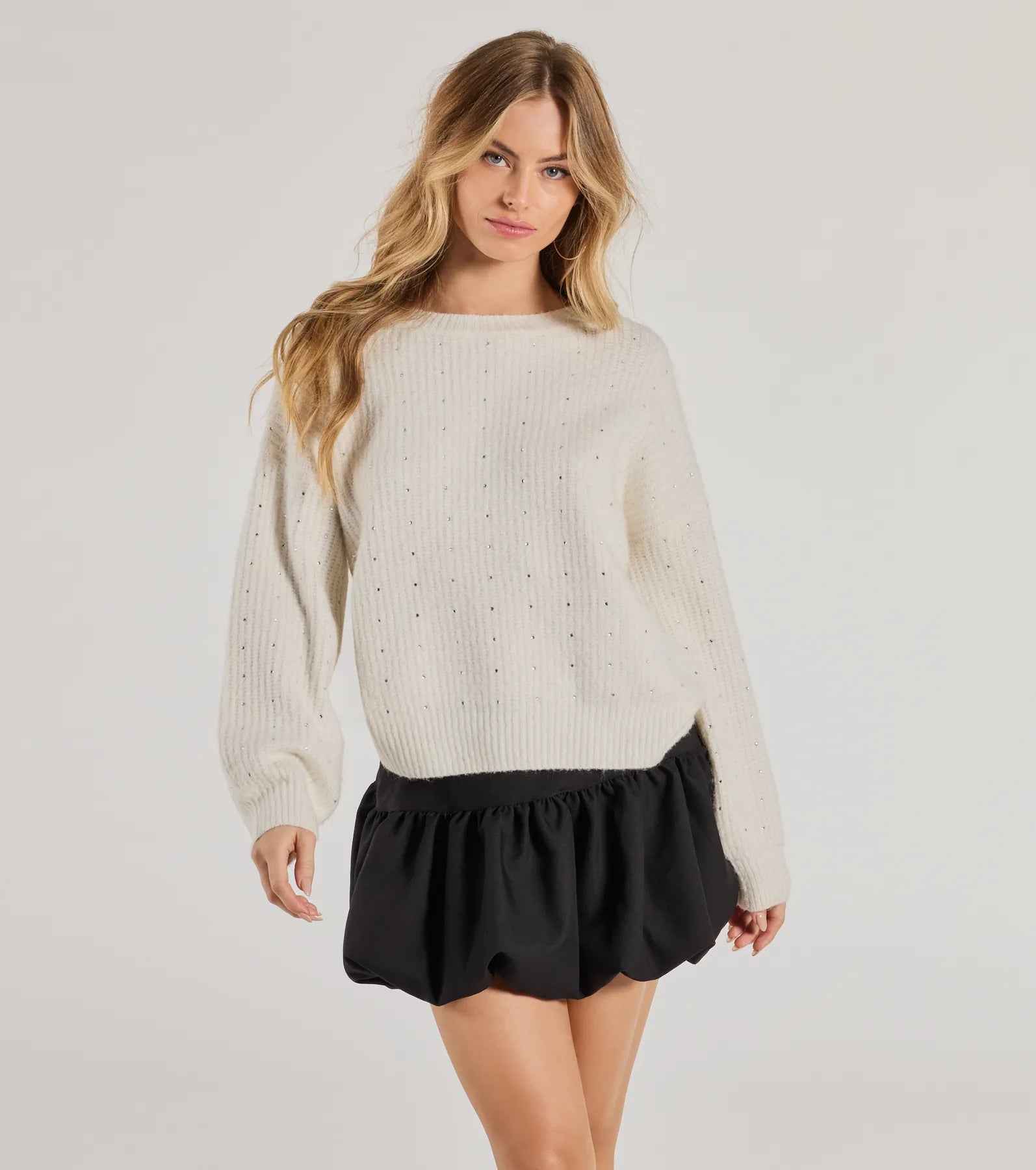 Cable - Knit Women Long Sleeve Top with a Cozy TextureCozy Sparkle Rhinestone Ribbed Knit Sweater