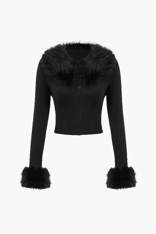 Cropped Women Long Sleeve Top to Pair with High - Waisted BottomsFaux Fur Collar Button Long-Sleeve Top